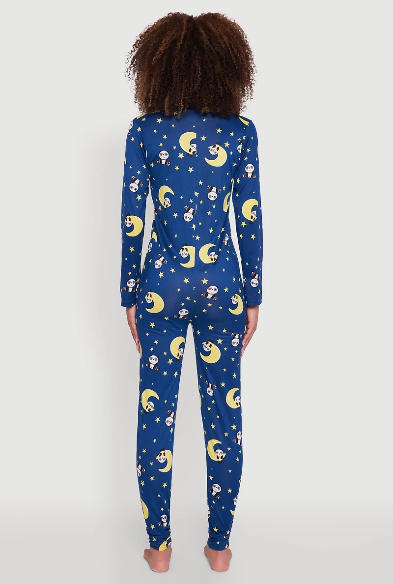 Womens Moon Panda Print Pajama Onesie, Blue, Size L