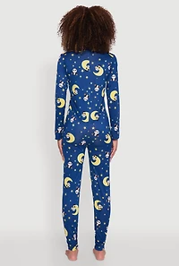 Womens Moon Panda Print Pajama Onesie, Blue, Size XL