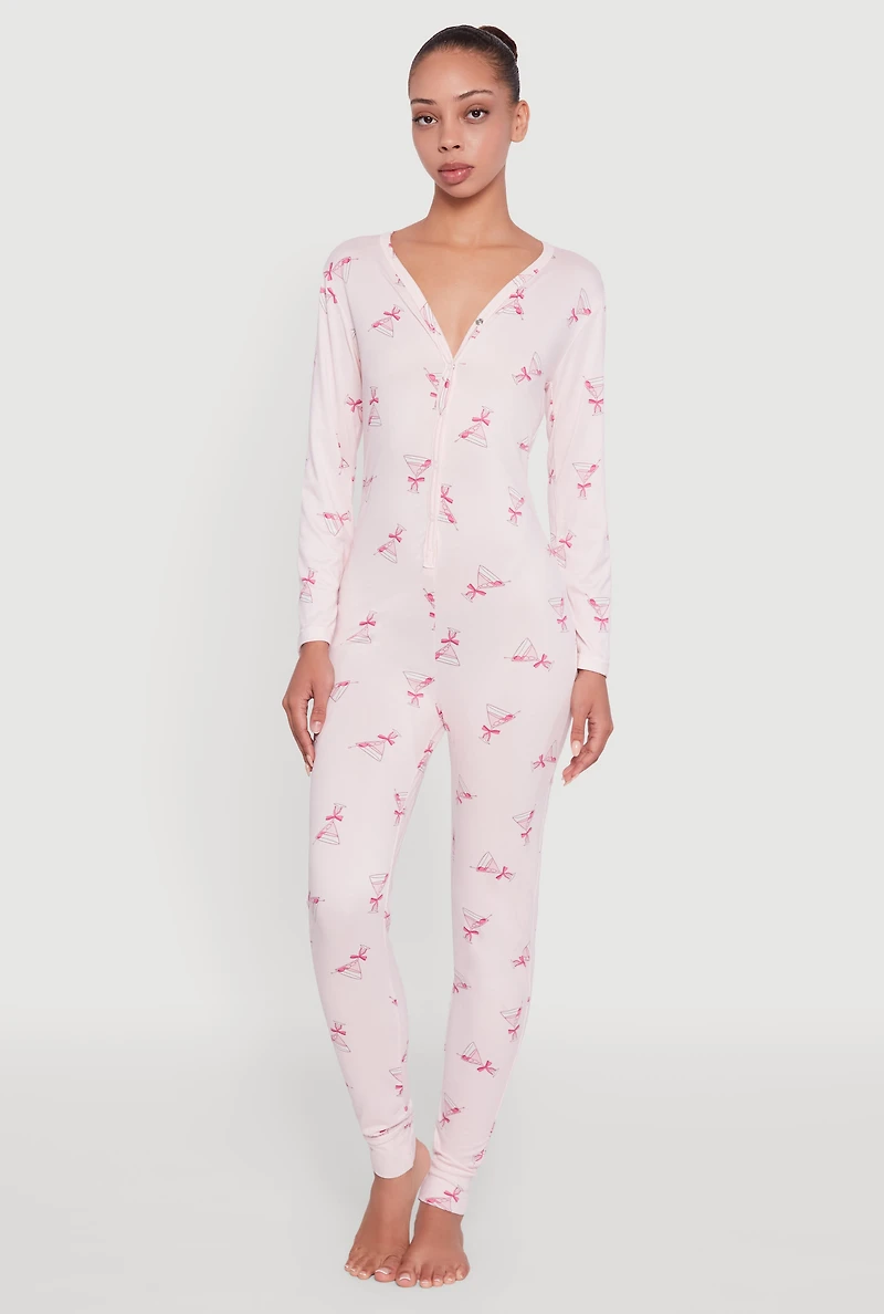 Womens Martini Graphic Pajama Onesie, Pink, Size L