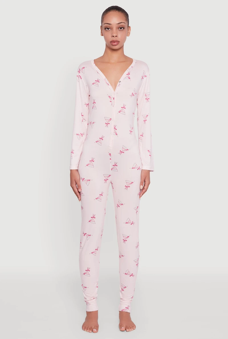 Womens Martini Graphic Pajama Onesie, Pink, Size L