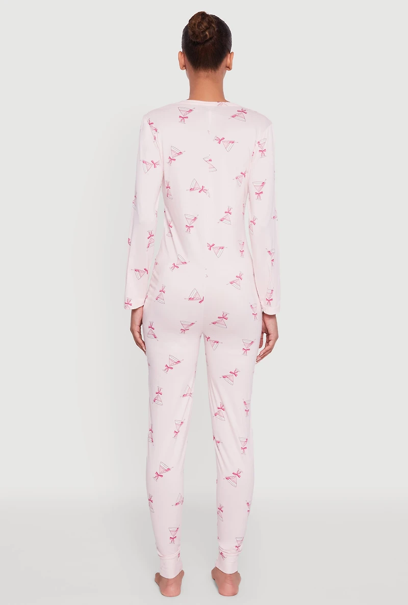 Womens Martini Graphic Pajama Onesie, Pink, Size M