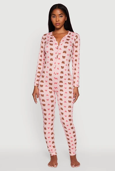 Womens Teddy Bear Heart Graphic V-Neck Pajama Onesie, Pink,