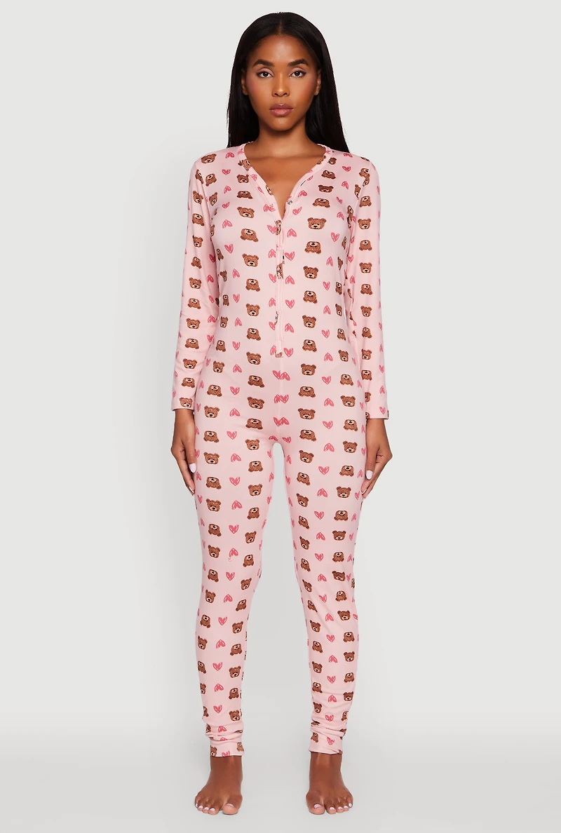 Womens Teddy Bear Heart Graphic V-Neck Pajama Onesie, Pink,
