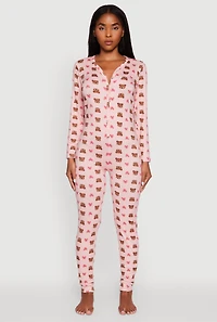 Womens Teddy Bear Heart Graphic V-Neck Pajama Onesie, Pink,