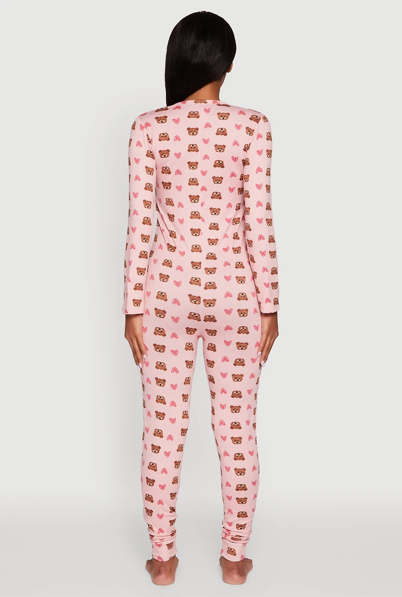 Womens Teddy Bear Heart Graphic V-Neck Pajama Onesie, Pink, Size L