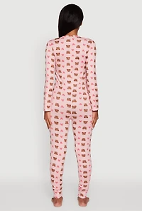Womens Teddy Bear Heart Graphic V-Neck Pajama Onesie, Pink, Size L