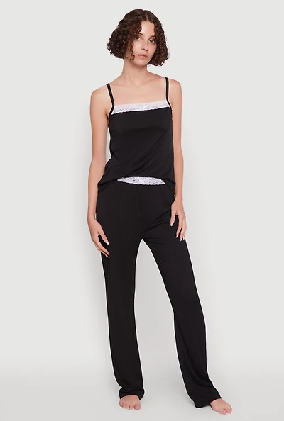 Womens Contrast Trim Lace Detail Pajama Cami and Lounge Pants, Black, Size L