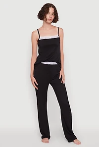 Womens Contrast Trim Lace Detail Pajama Cami and Lounge Pants, Black, Size L