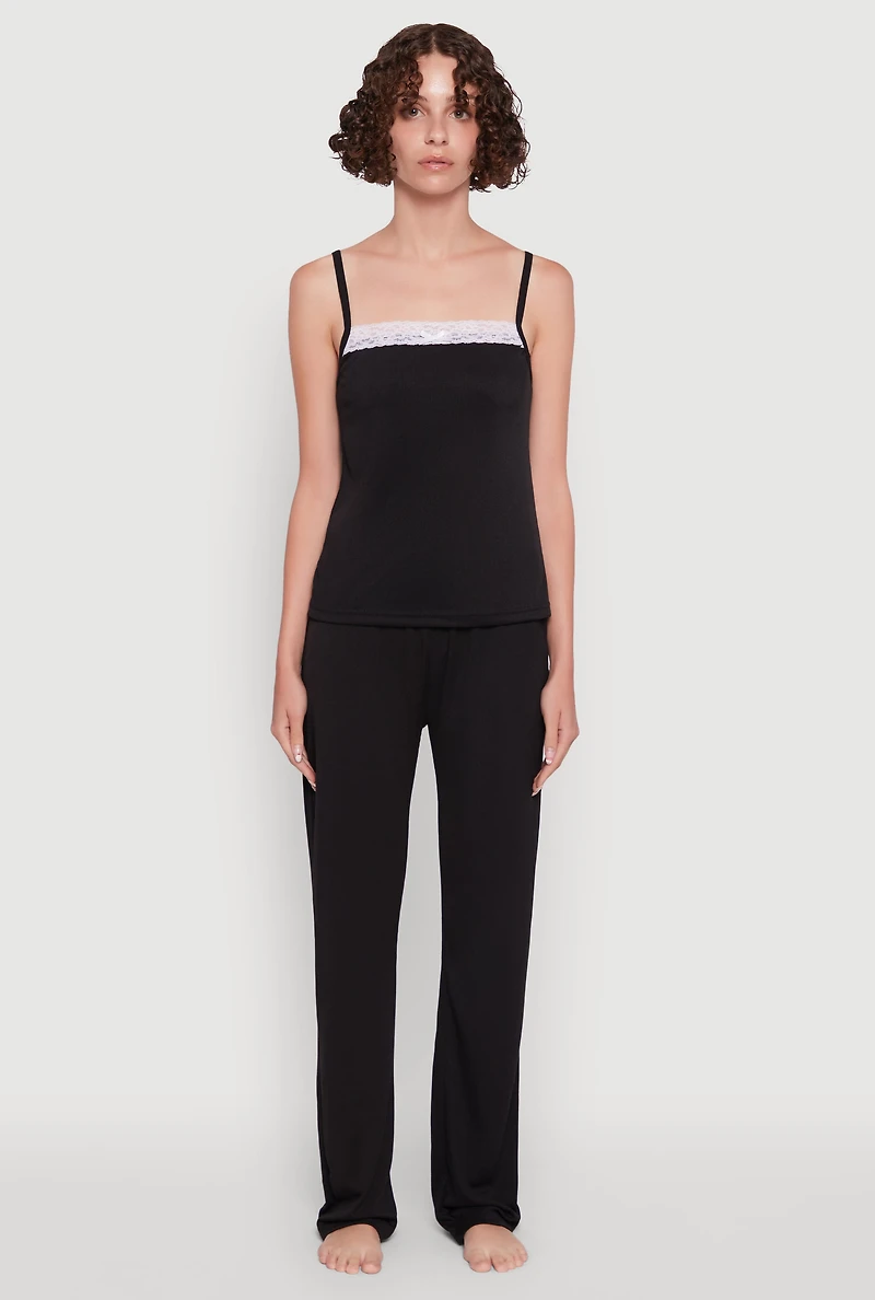 Womens Contrast Trim Lace Detail Pajama Cami and Lounge Pants, Black, Size L