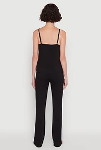 Womens Contrast Trim Lace Detail Pajama Cami and Lounge Pants, Black, Size L
