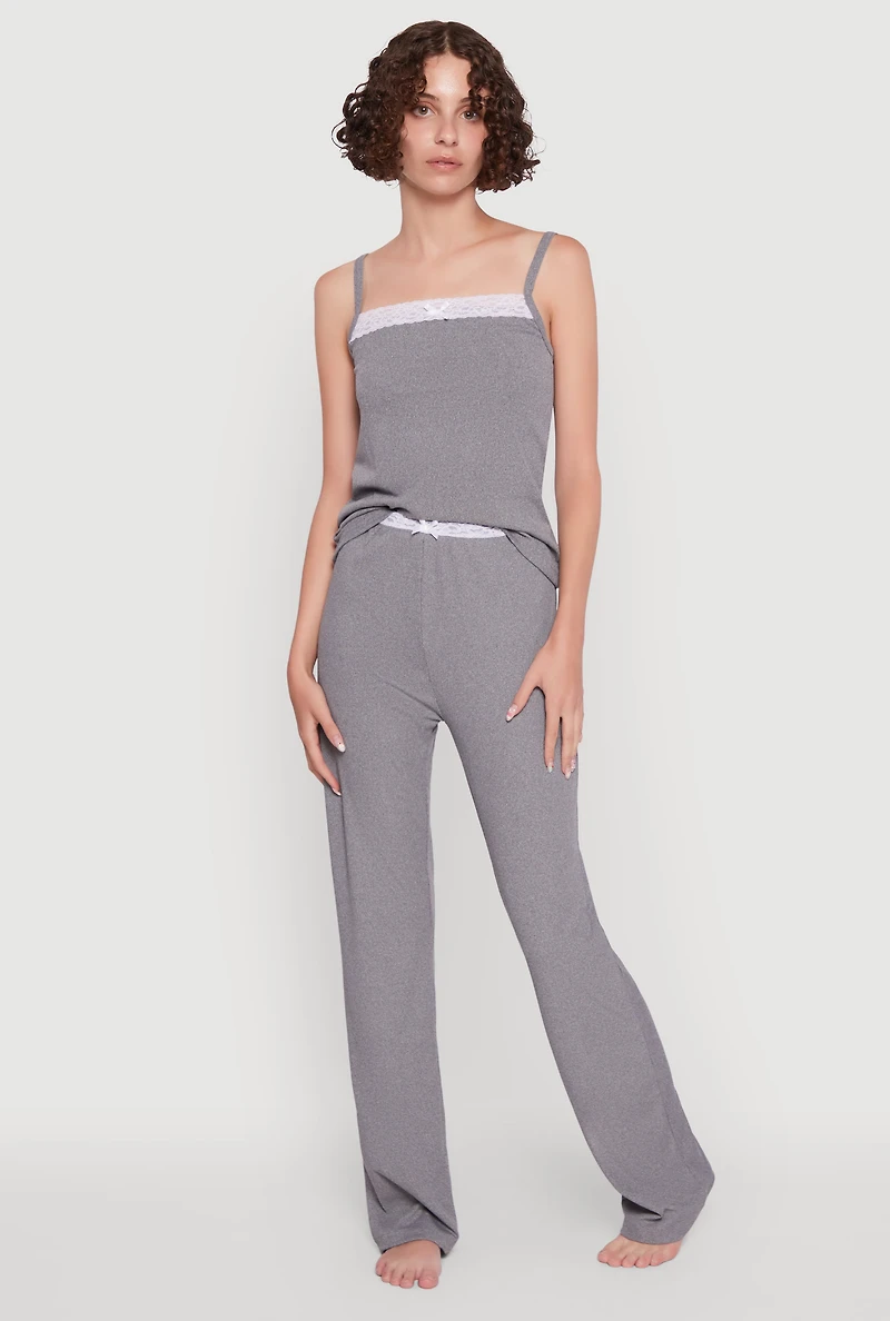 Womens Contrast Trim Lace Detail Pajama Cami and Lounge Pants, Grey,