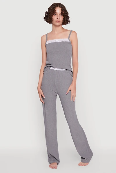 Womens Contrast Trim Lace Detail Pajama Cami and Lounge Pants, Grey,