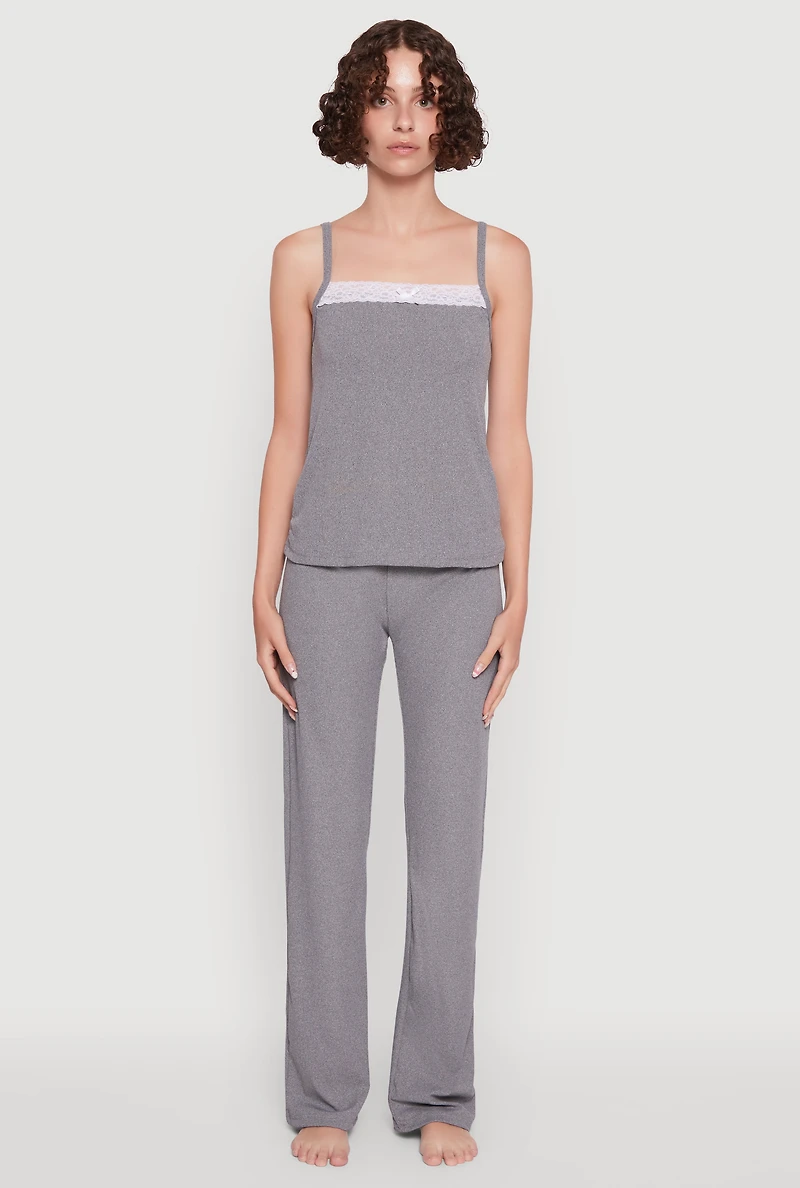 Womens Contrast Trim Lace Detail Pajama Cami and Lounge Pants, Grey,
