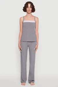 Womens Contrast Trim Lace Detail Pajama Cami and Lounge Pants, Grey,