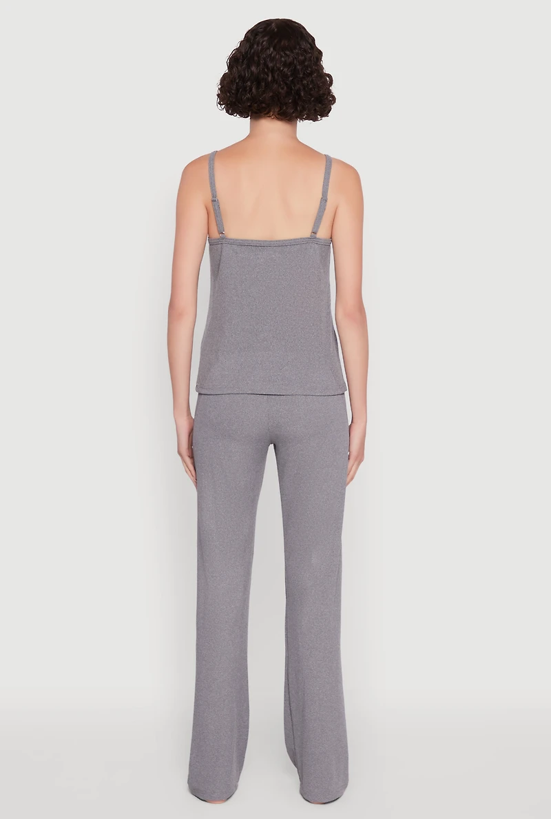 Womens Contrast Trim Lace Detail Pajama Cami and Lounge Pants, Grey,