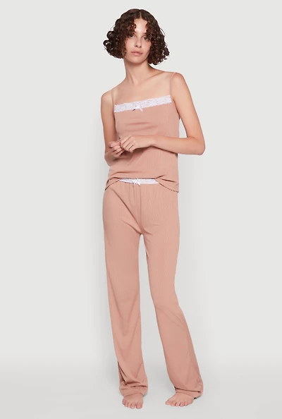 Womens Contrast Trim Lace Detail Pajama Cami and Lounge Pants,