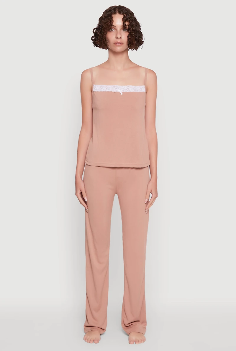 Womens Contrast Trim Lace Detail Pajama Cami and Lounge Pants,