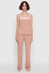 Womens Contrast Trim Lace Detail Pajama Cami and Lounge Pants, Beige,