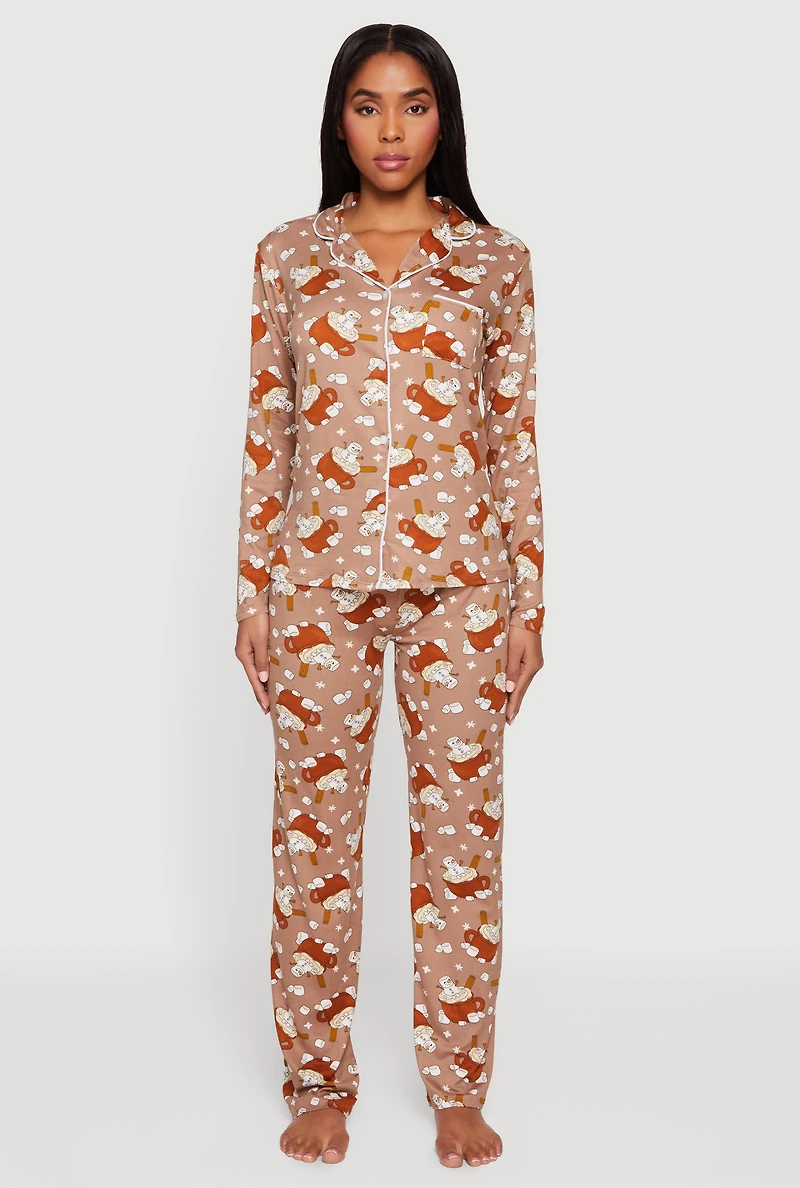 Womens Hot Cocoa Pajama Top and Pants with Sleep Mask, Brown, Size S