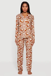 Womens Hot Cocoa Pajama Top and Pants with Sleep Mask, Brown, Size S