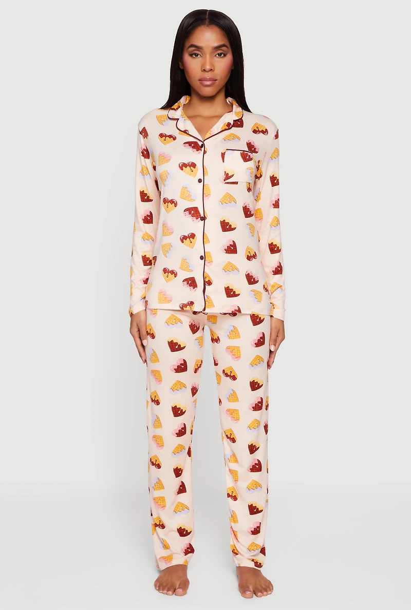 Waffle Heart Patterned Pajama Top and Lounge Pants