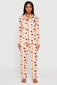 Waffle Heart Patterned Pajama Top and Lounge Pants