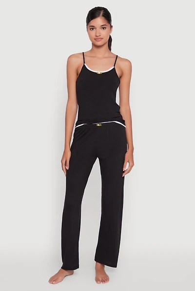 Womens Contrast Trim Pajama Cami and Pants, Black,
