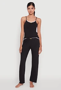 Womens Contrast Trim Pajama Cami and Pants, Black,