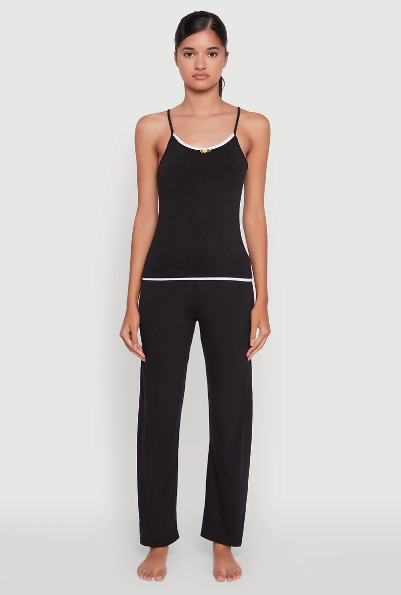 Womens Contrast Trim Pajama Cami and Pants, Black,