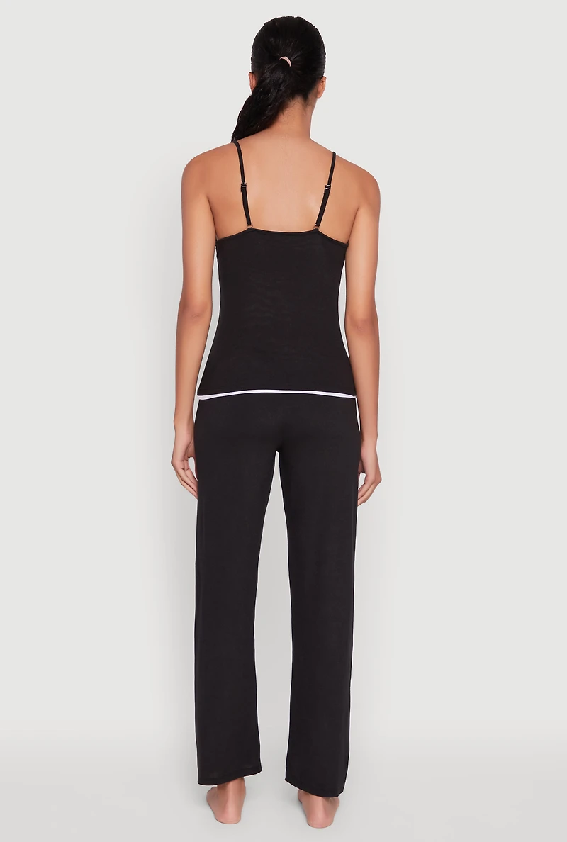 Womens Contrast Trim Pajama Cami and Pants, Black, Size S