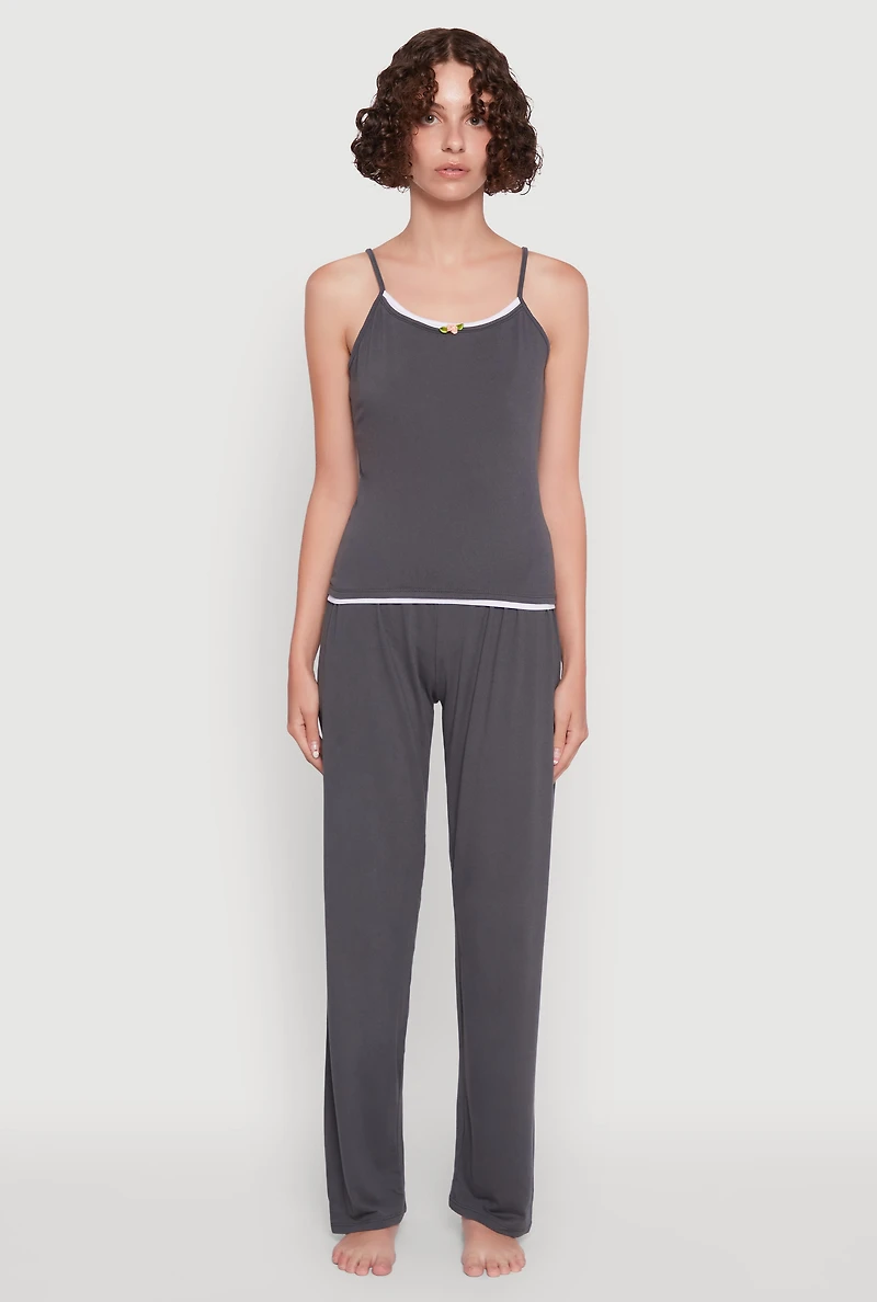 Womens Contrast Trim Pajama Cami and Pants, Grey, Size XL