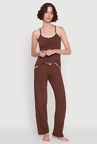 Womens Contrast Trim Pajama Cami and Pants, Brown, Size L