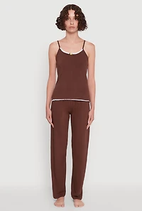 Womens Contrast Trim Pajama Cami and Pants, Brown, Size L