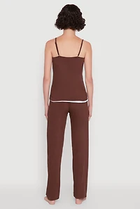 Womens Contrast Trim Pajama Cami and Pants, Brown, Size L
