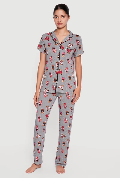 Striped Teddy Bear Print Pajama Top and Pants Set