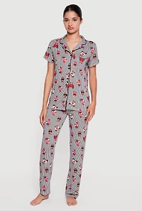 Striped Teddy Bear Print Pajama Top and Pants Set