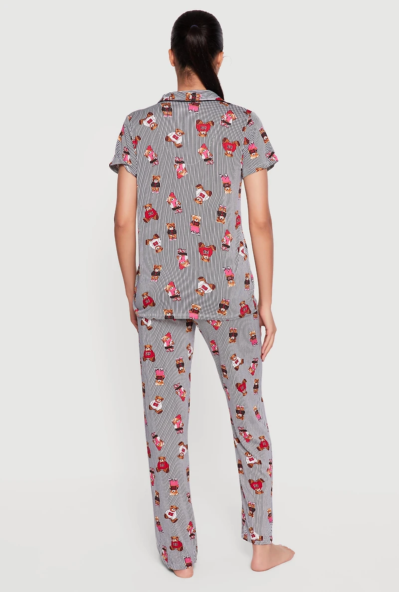 Striped Teddy Bear Print Pajama Top and Pants Set
