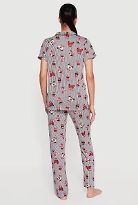 Striped Teddy Bear Print Pajama Top and Pants Set