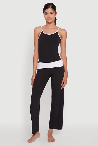 Womens Contrast Trim Pajama Cami and Fold Over Pants Set,