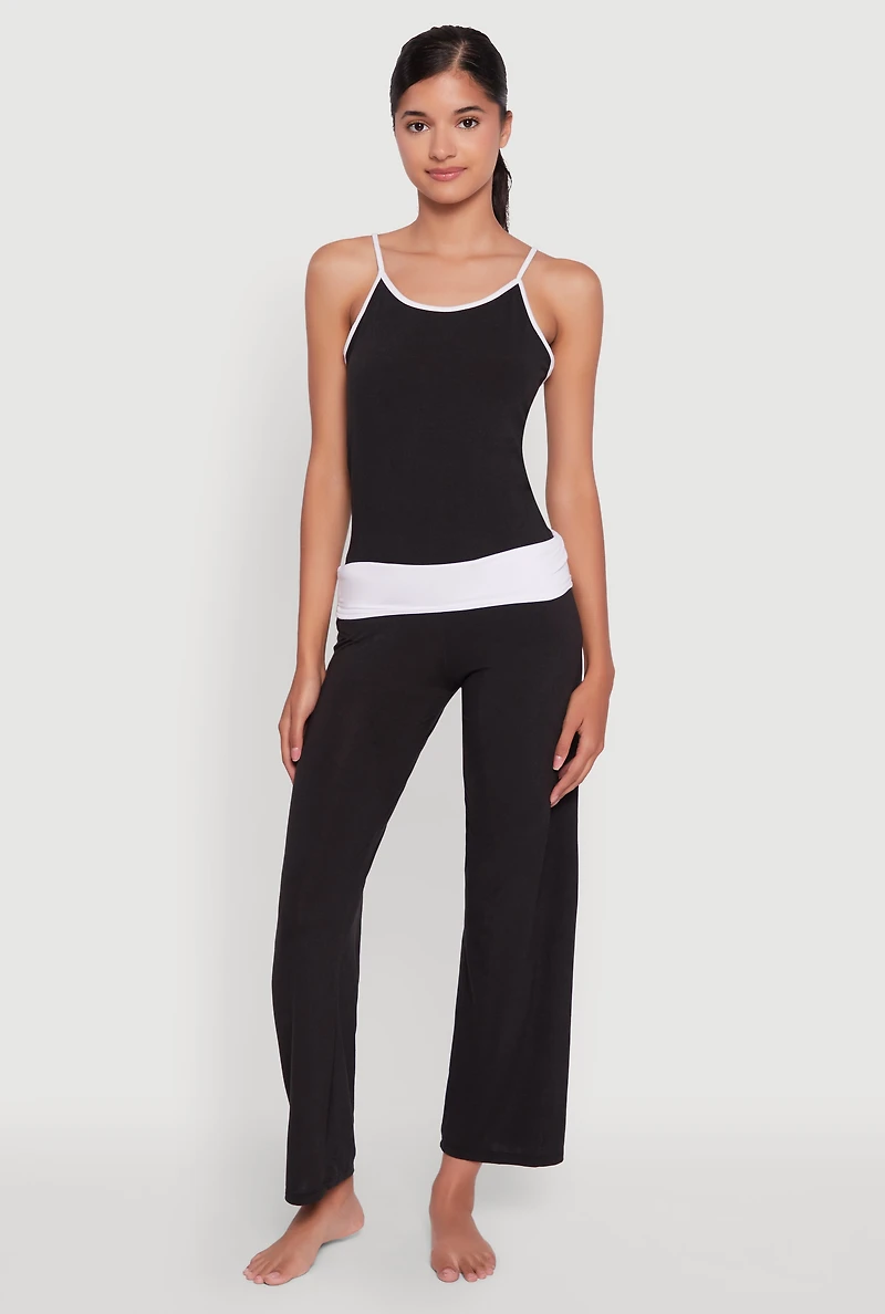 Womens Contrast Trim Pajama Cami and Fold Over Pants Set, S