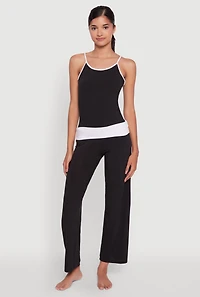 Womens Contrast Trim Pajama Cami and Fold Over Pants Set, S