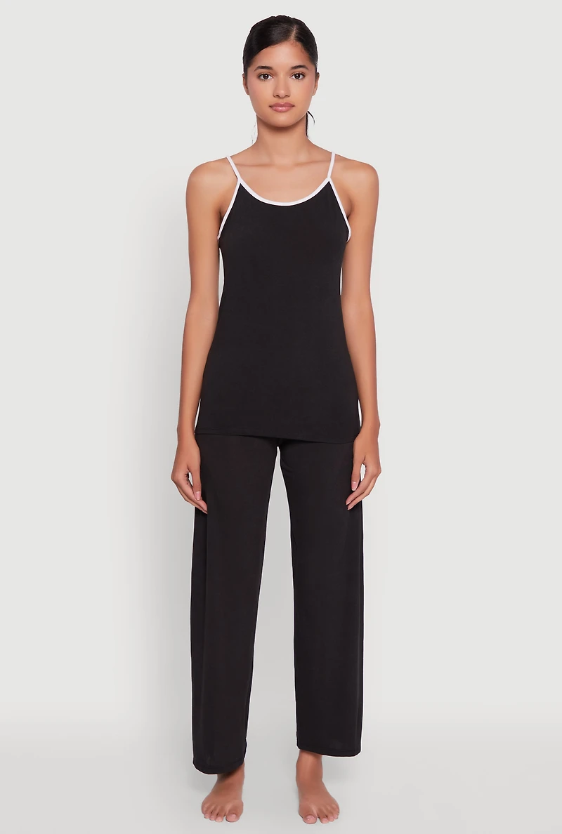 Womens Contrast Trim Pajama Cami and Fold Over Pants Set, S