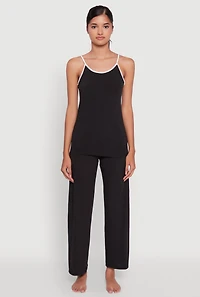 Womens Contrast Trim Pajama Cami and Fold Over Pants Set, S