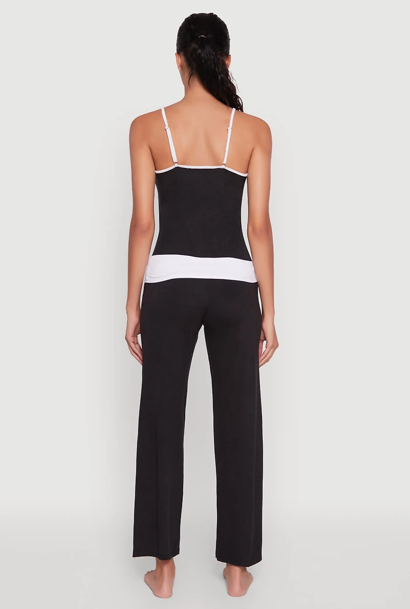 Womens Contrast Trim Pajama Cami and Fold Over Pants Set, S