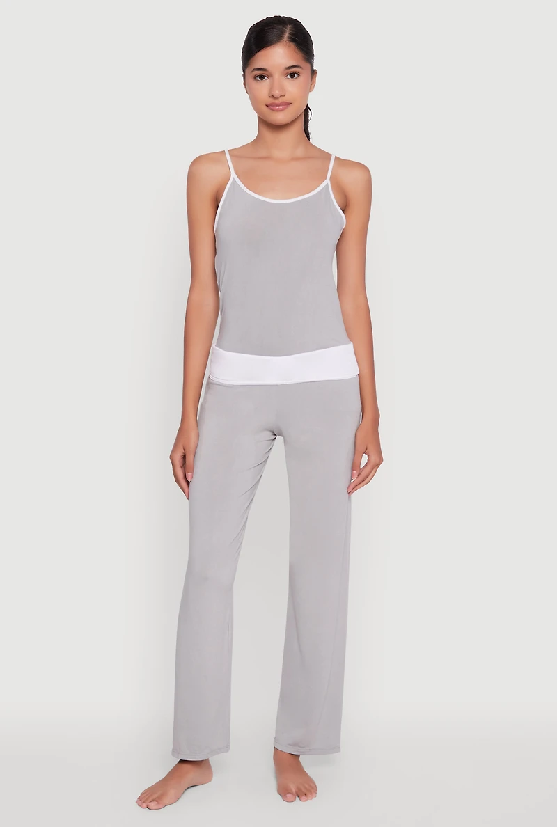 Womens Contrast Trim Pajama Cami and Fold Over Pants Set, Grey,