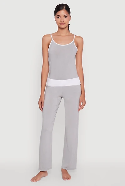 Womens Contrast Trim Pajama Cami and Fold Over Pants Set, Grey,