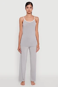 Womens Contrast Trim Pajama Cami and Fold Over Pants Set, Grey,
