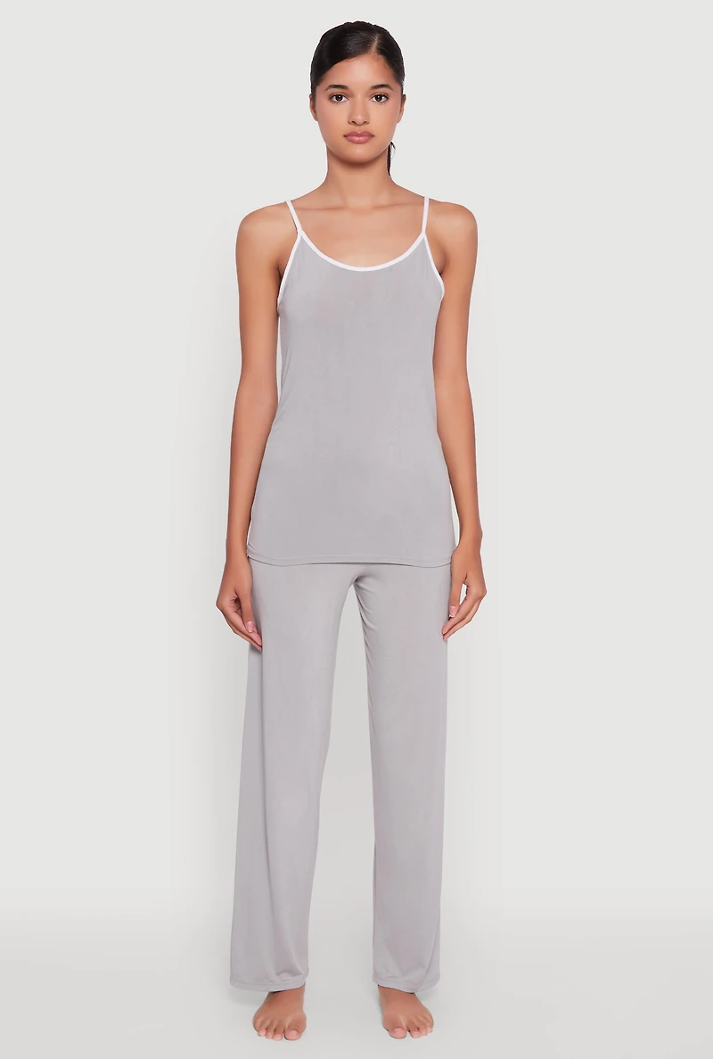 Womens Contrast Trim Pajama Cami and Fold Over Pants Set, Grey, Size L