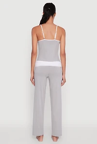 Womens Contrast Trim Pajama Cami and Fold Over Pants Set, Grey,