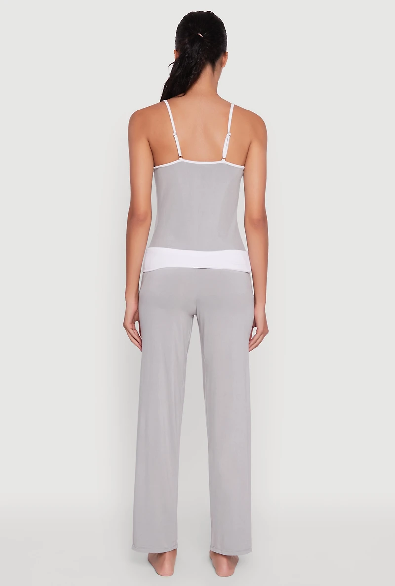 Womens Contrast Trim Pajama Cami and Fold Over Pants Set, Grey, Size XL